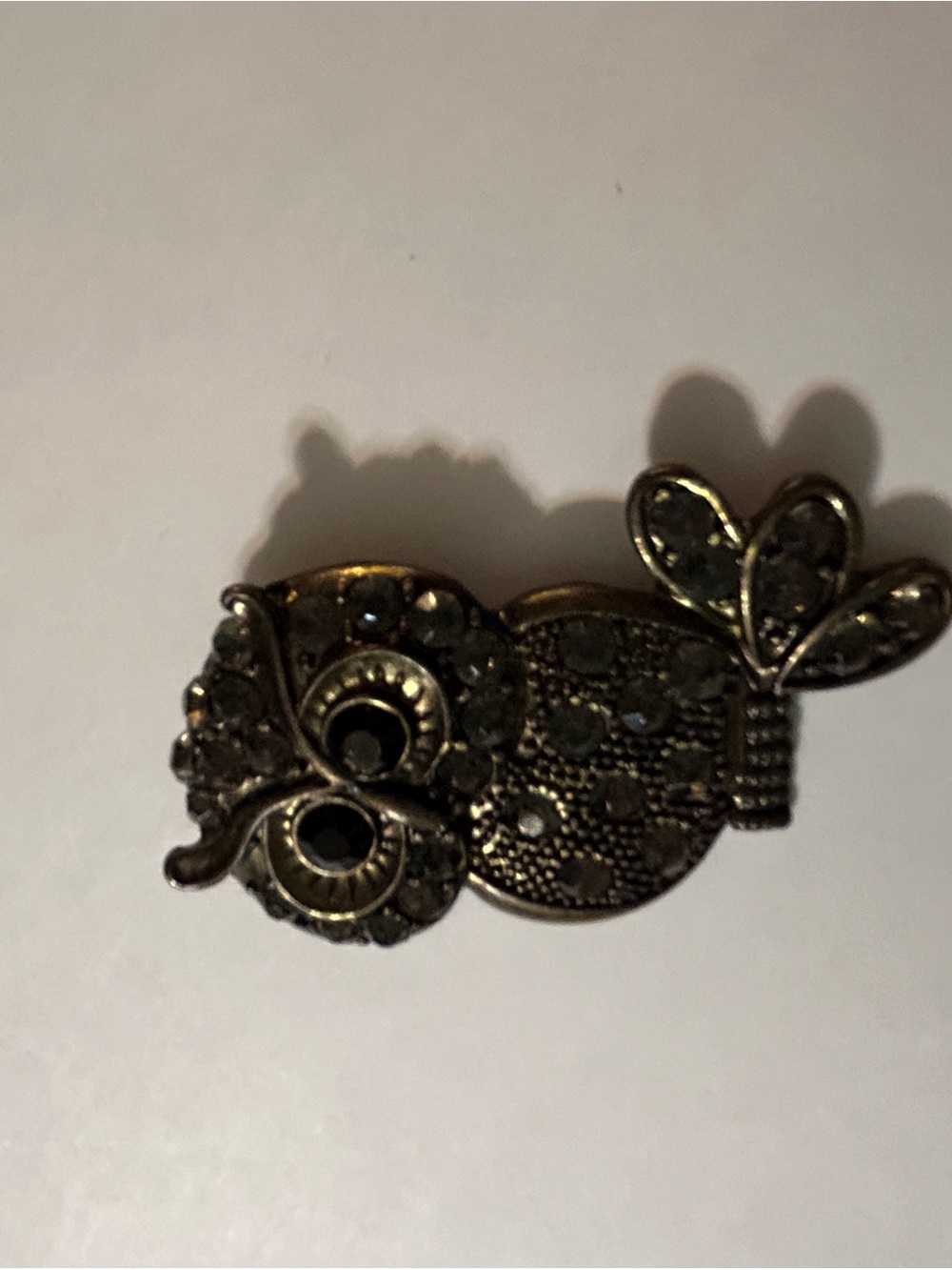 Vintage Antiqued Bronze Marcasite Rhinestone Owl Pendant Charm Slide